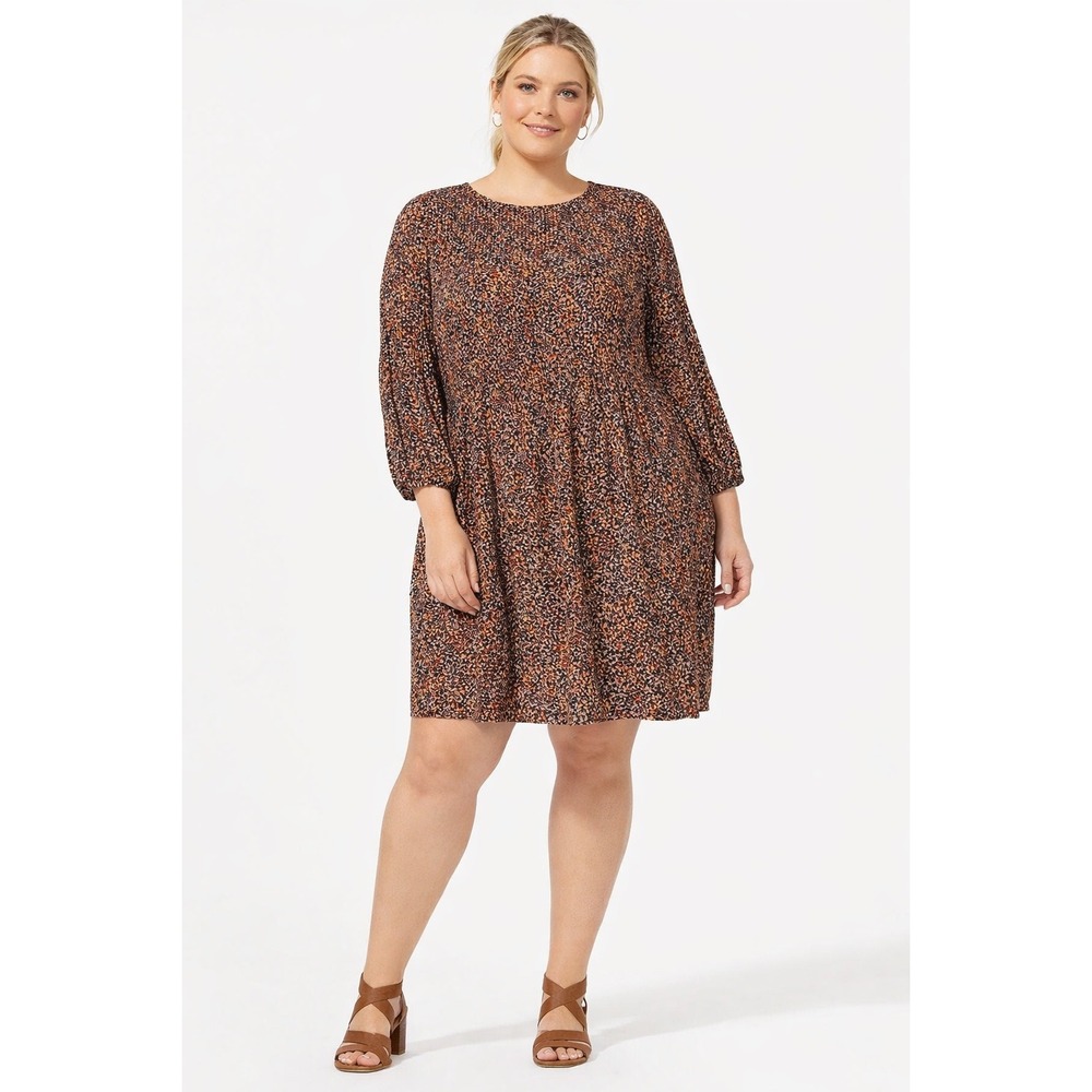 J.Jill Wearever Collection Dress 4X Multi Color Print Balloon Sleeve Micropleats